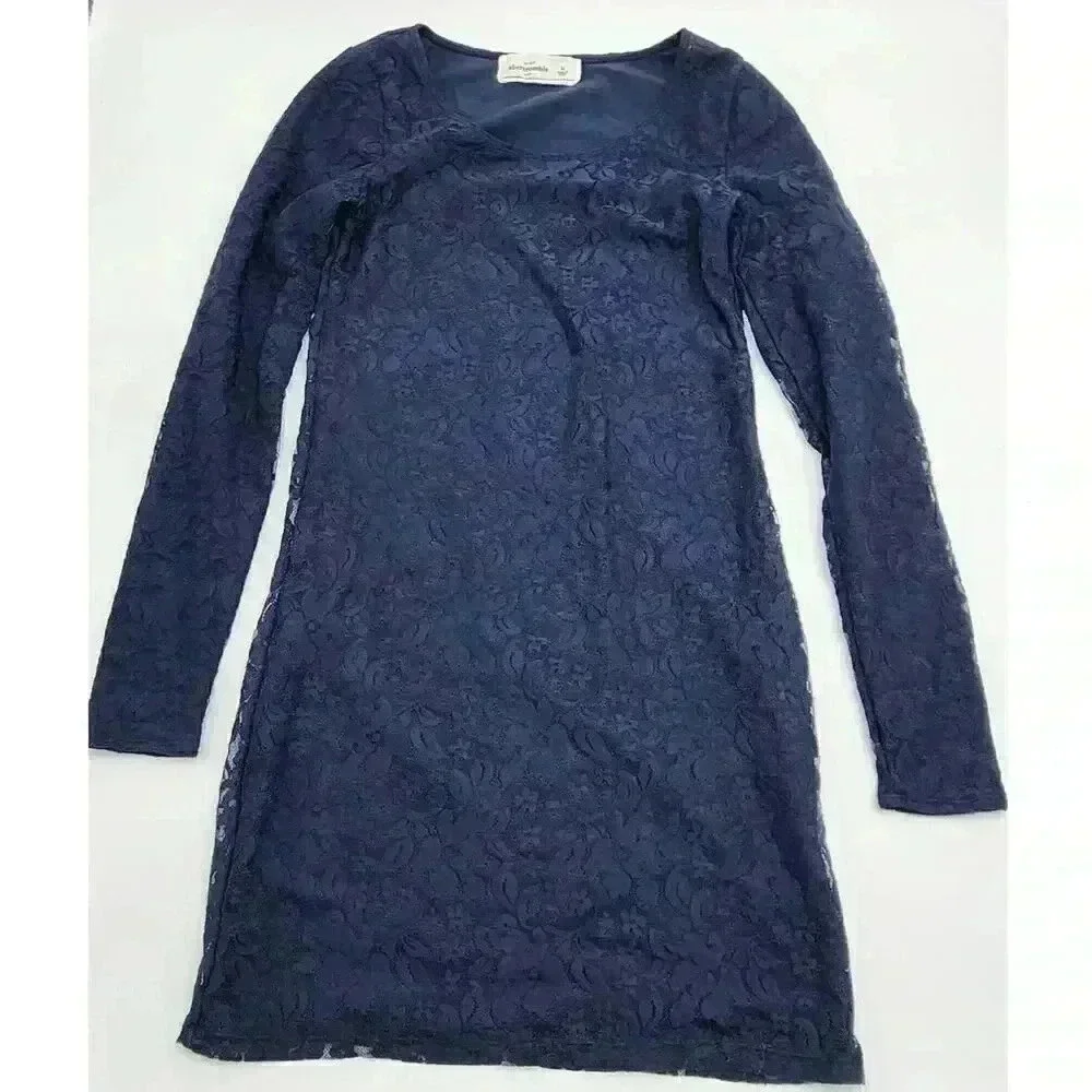 Abercrombie Kids Girl's Size M Navy Blue Long Sleeve Lace Dress